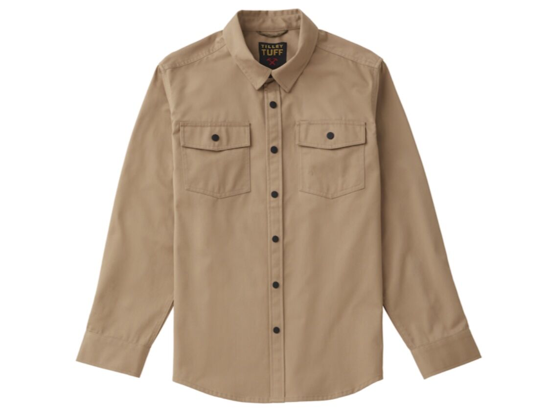 RONA Tilley Tuff Button-down work shirt: This sand-colored shirt combines cotton and polyester for durability and comfort, making it a versatile addition to any work wardrobe. (RONA)